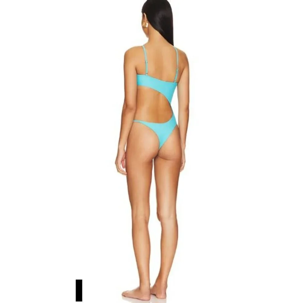 NWT superdown Valerie Asymmetric Cutout Unpadded One Piece Swimsuit Aqua Blue L - Picture 4 of 12
